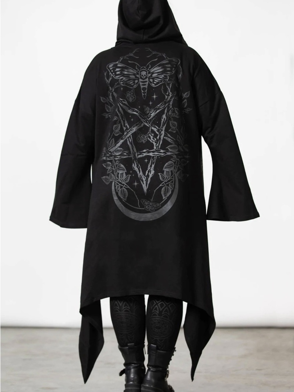 Killstar Hooded Lunar Wizard Gothic Black Pentagram Duster Sweater Coat Size XL